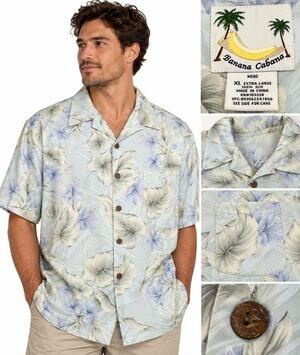 Coastal Banana Cabana Men's Silk Hawaiian Camp Shirt Size XL Aqua Floral